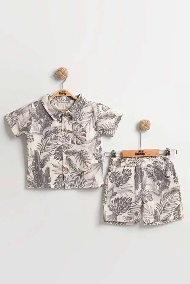 Doğal %100 Pamuk Yaprak Baskılı Şortlu Bebek Gri Yazlık Takım (9-12-18 Ay) - Hipoaalerjenik Müslin Seri - 1107-Gri