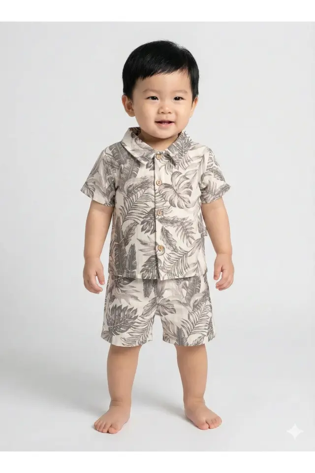 Doğal %100 Pamuk Yaprak Baskılı Şortlu Bebek Gri Yazlık Takım (9-12-18 Ay) - Hipoaalerjenik Müslin Seri - 1107-Gri