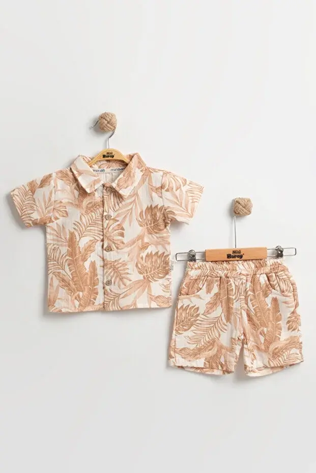 Doğal %100 Pamuk Yaprak Baskılı Şortlu Bebek Kahverengi Yazlık Takım (9-12-18 Ay) - Hipoaalerjenik Müslin Seri - 1107-Kahverengi