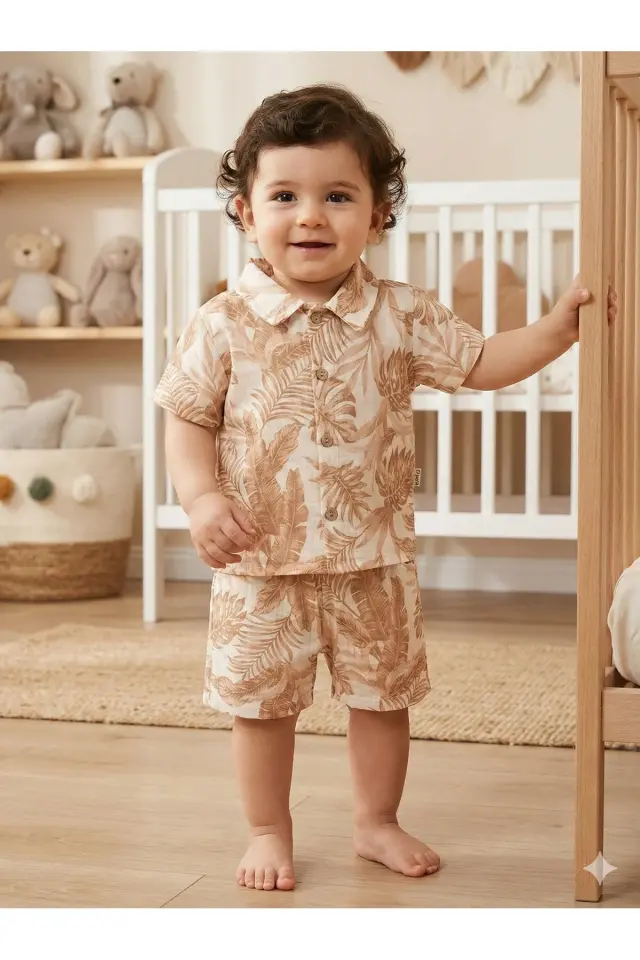 Doğal %100 Pamuk Yaprak Baskılı Şortlu Bebek Kahverengi Yazlık Takım (9-12-18 Ay) - Hipoaalerjenik Müslin Seri - 1107-Kahverengi