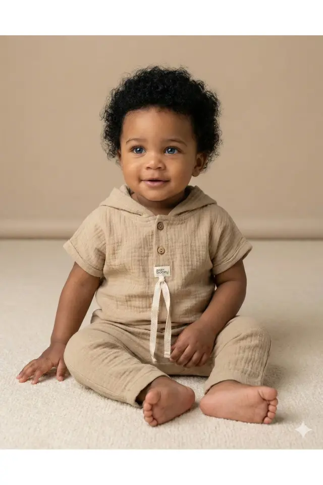 Organik %100 Pamuk Ayıcık Baskılı Kapüşonlu Bebek Body Takımı (9-12-18 Ay) -Nefes Alabilir Müslin Kumaş- Seri - 1101-Bej