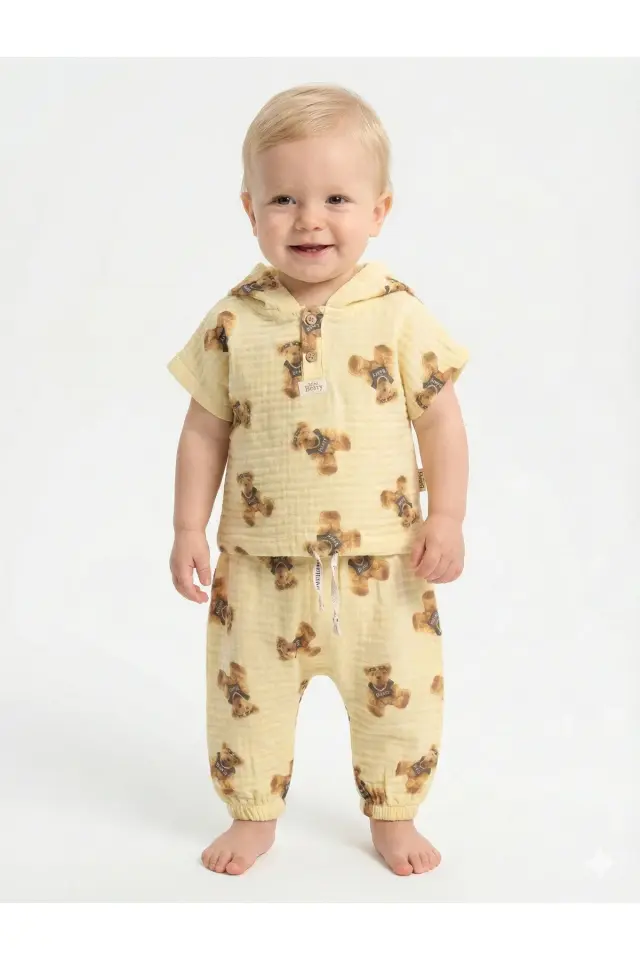 Organik %100 Pamuk Ayıcık Baskılı Kapüşonlu Bebek Body Takımı (9-12-18 Ay) -Nefes Alabilir Müslin Kumaş-  Seri - 1101-Sarı