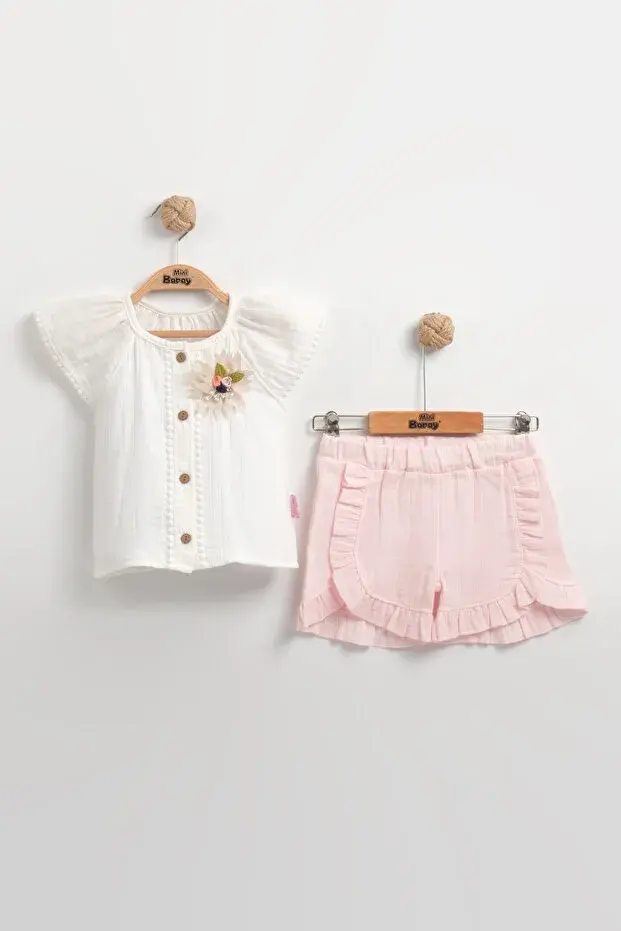 Müslin Kız Bebek Gömlek Seti (2-3-4-5 yaş) %100 Pamuk - Hipoalerjenik ve Yumuşak Seri - 932-Açık Pembe