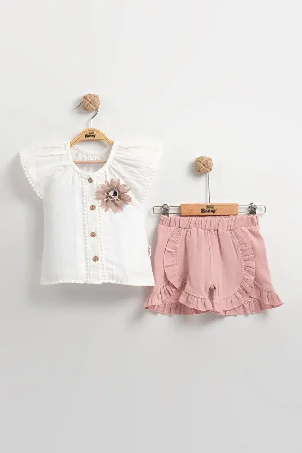 Müslin Kız Bebek Gömlek Seti (2-3-4-5 yaş) %100 Pamuk - Hipoalerjenik ve Yumuşak Seri - 932-Pembe