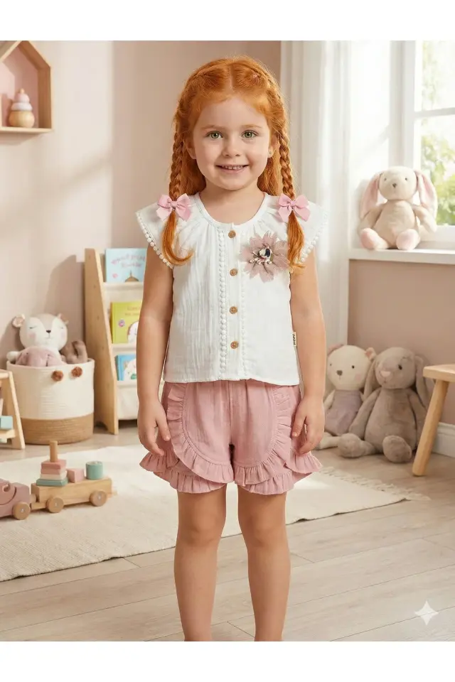Müslin Kız Bebek Gömlek Seti (2-3-4-5 yaş) %100 Pamuk - Hipoalerjenik ve Yumuşak Seri - 932-Pembe