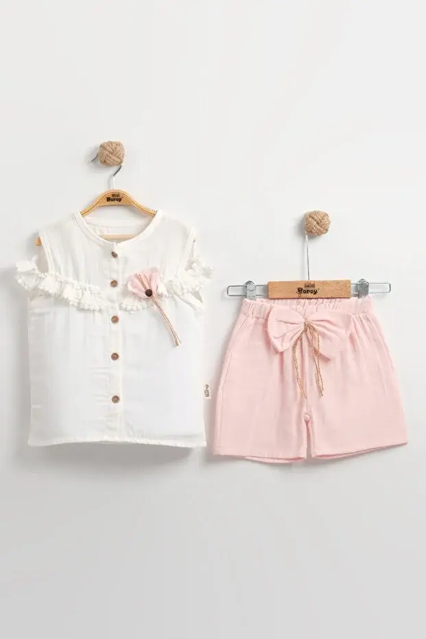 Fırfır Detaylı Müslin Şortlu Kız Takımı - %100 Pamuk Nefes Alabilir - (2-3-4-5 yaş)  Seri -931-Açık Pembe