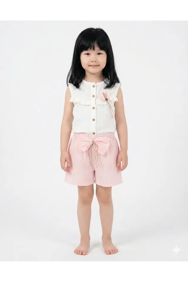 Fırfır Detaylı Müslin Şortlu Kız Takımı - %100 Pamuk Nefes Alabilir - (2-3-4-5 yaş)  Seri -931-Açık Pembe