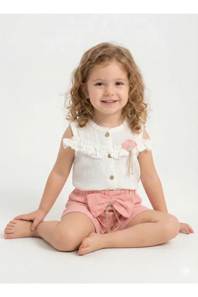 Fırfır Detaylı Müslin Şortlu Kız Takımı - %100 Pamuk Nefes Alabilir - (2-3-4-5 yaş) Seri -931-Pembe