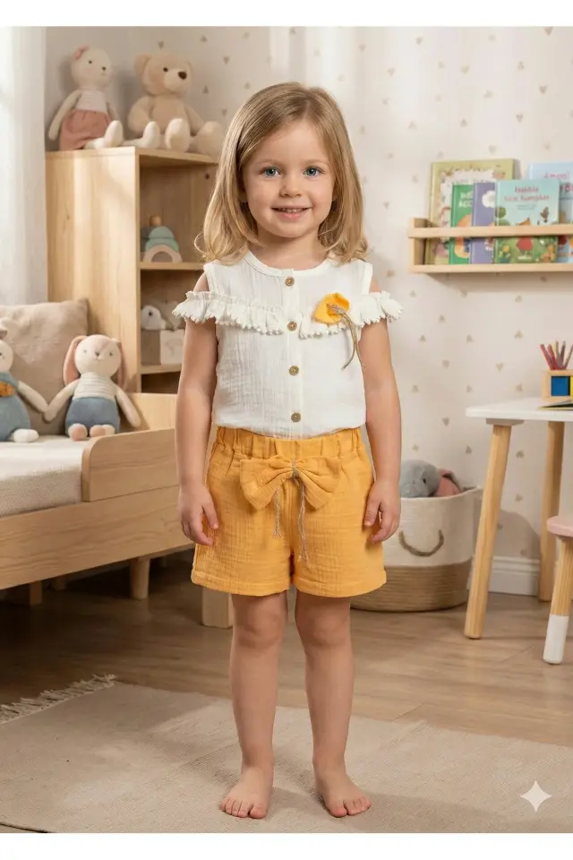 Fırfır Detaylı Müslin Şortlu Kız Takımı - %100 Pamuk Nefes Alabilir - (2-3-4-5 yaş) Seri -931-Sarı