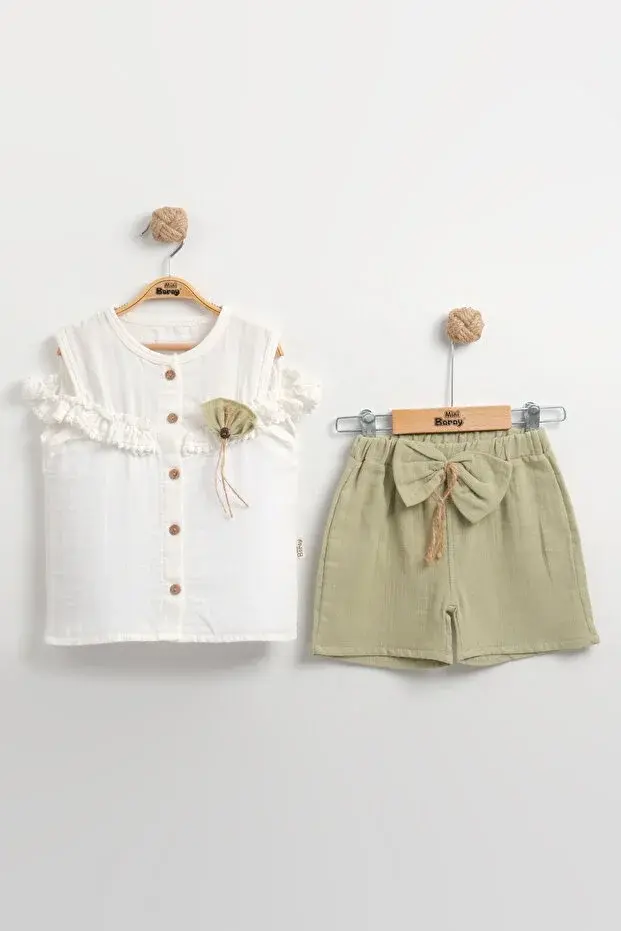 Fırfır Detaylı Müslin Şortlu Kız Takımı - %100 Pamuk Nefes Alabilir - (2-3-4-5 yaş) Seri -931-Yeşil
