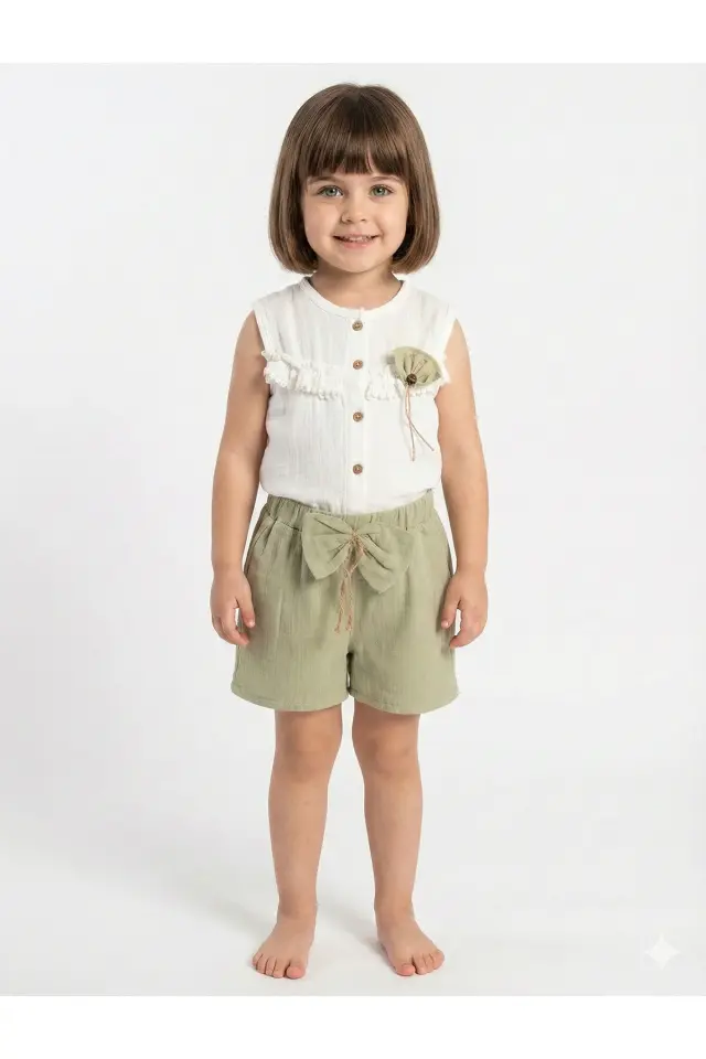 Fırfır Detaylı Müslin Şortlu Kız Takımı - %100 Pamuk Nefes Alabilir - (2-3-4-5 yaş) Seri -931-Yeşil