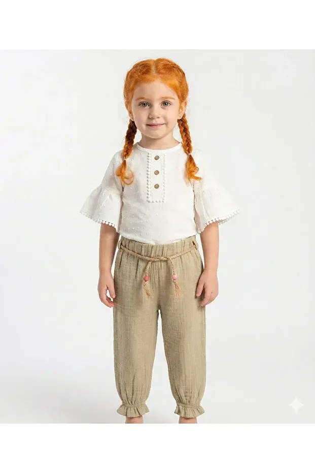 Müslin Pantolonlu Kız Takımı Seti (2-3-4-5 yaş ) %100 Pamuk - Rahat Hareket Kolaylığı Seri - 877-Yeşil