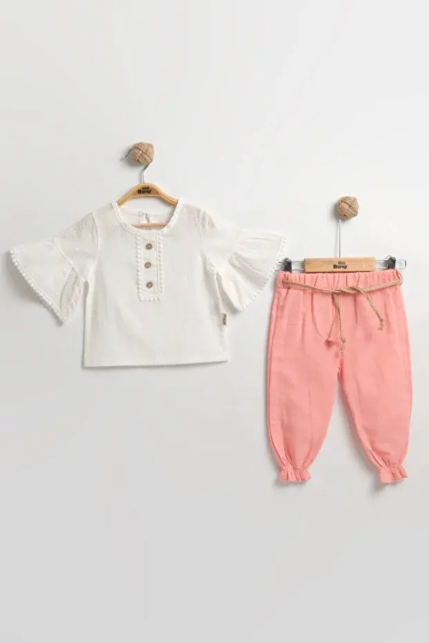 Müslin Pantolonlu Kız Takımı Seti (2-3-4-5 yaş ) %100 Pamuk - Rahat Hareket Kolaylığı Seri - 877-Pembe