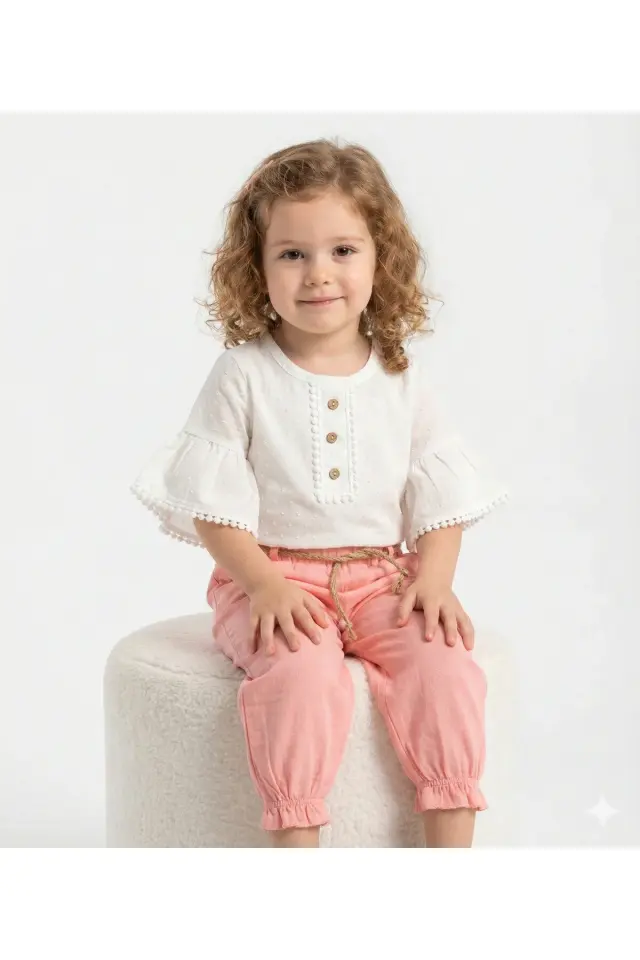 Müslin Pantolonlu Kız Takımı Seti (2-3-4-5 yaş ) %100 Pamuk - Rahat Hareket Kolaylığı Seri - 877-Pembe