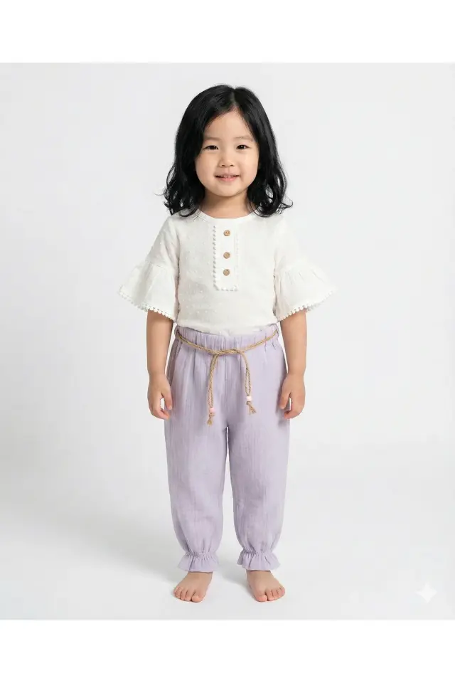 Müslin Pantolonlu Kız Takımı Seti (2-3-4-5 yaş ) %100 Pamuk - Rahat Hareket Kolaylığı Seri - 877-Mor