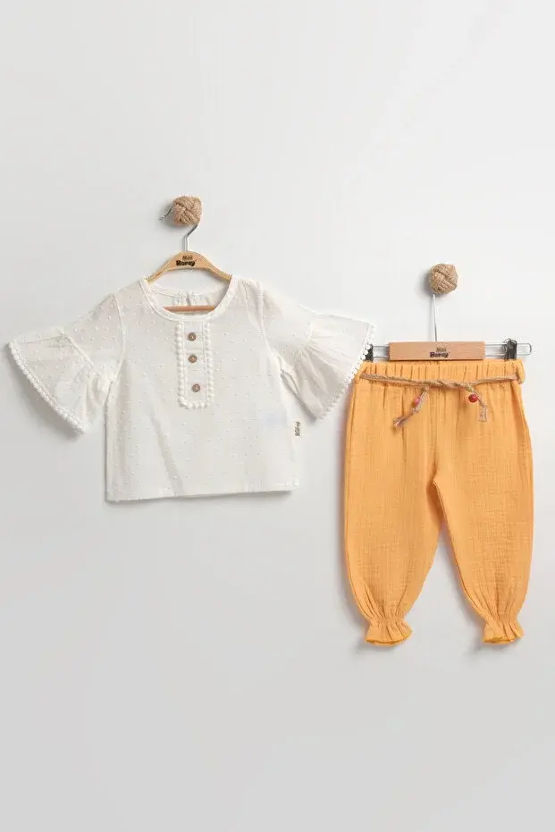Müslin Pantolonlu Kız Takımı Seti (2-3-4-5 yaş ) %100 Pamuk - Rahat Hareket Kolaylığı Seri - 877-Sarı