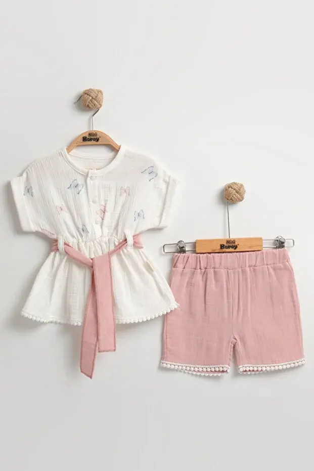 Organik Pamuk Kelebekli Kız Şortlu Takımı (2-3-4-5 yaş) - Nefes Alabilir Yazlık Bebek Kıyafeti Seri - 982-Pembe