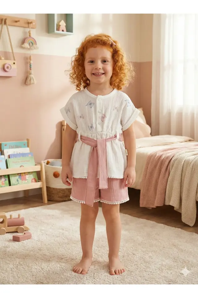 Organik Pamuk Kelebekli Kız Şortlu Takımı (2-3-4-5 yaş) - Nefes Alabilir Yazlık Bebek Kıyafeti Seri - 982-Pembe
