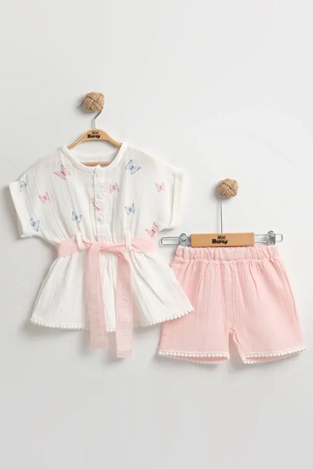 Organik Pamuk Kelebekli Kız Şortlu Takımı (2-3-4-5 yaş) - Nefes Alabilir Yazlık Bebek Kıyafeti Seri - 982-Açık Pembe