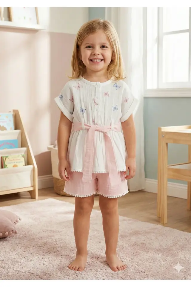 Organik Pamuk Kelebekli Kız Şortlu Takımı (2-3-4-5 yaş) - Nefes Alabilir Yazlık Bebek Kıyafeti Seri - 982-Açık Pembe