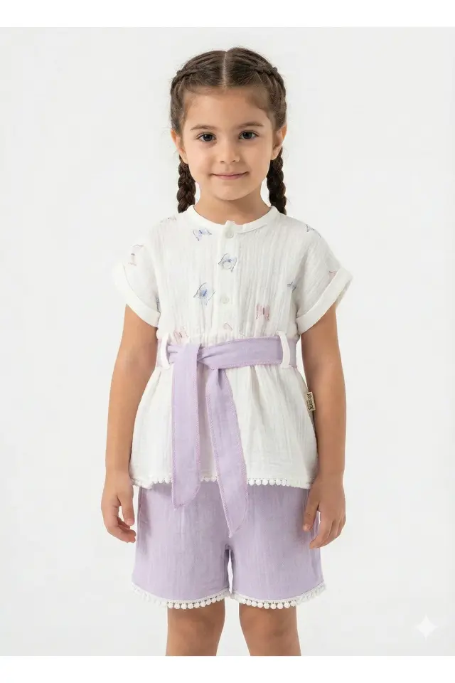 Organik Pamuk Kelebekli Kız Şortlu Takımı (2-3-4-5 yaş) - Nefes Alabilir Yazlık Bebek Kıyafeti Seri - 982-Mor