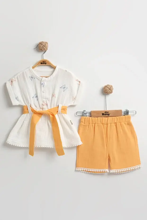 Organik Pamuk Kelebekli Kız Şortlu Takımı (2-3-4-5 yaş) - Nefes Alabilir Yazlık Bebek Kıyafeti Seri - 982-Sarı