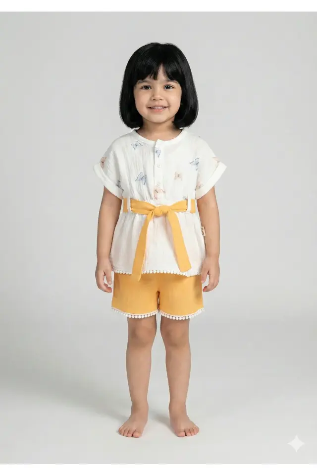 Organik Pamuk Kelebekli Kız Şortlu Takımı (2-3-4-5 yaş) - Nefes Alabilir Yazlık Bebek Kıyafeti Seri - 982-Sarı