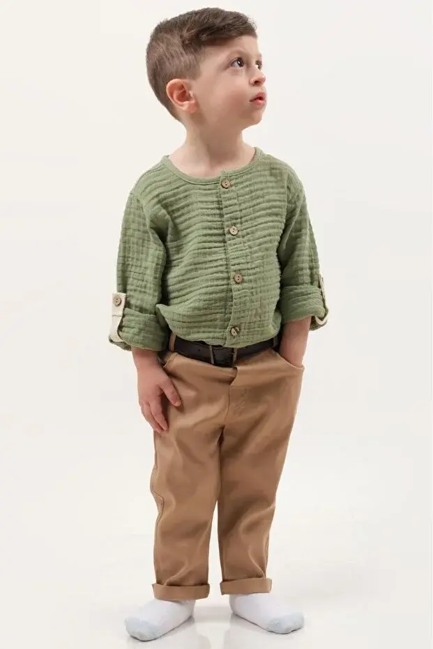 Erkek Çocuk Gabardin Pantolon & Müslin Gömlekli 2’li Pamuk Takım (9 12 18 ay) - Renkli Seri - 997-Yeşil