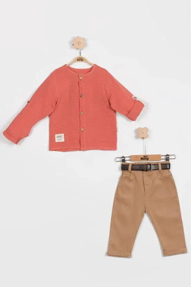 Erkek Çocuk Gabardin Pantolon & Müslin Gömlekli 2’li Pamuk Takım (9 12 18 ay) - Renkli Seri - 997-Turuncu