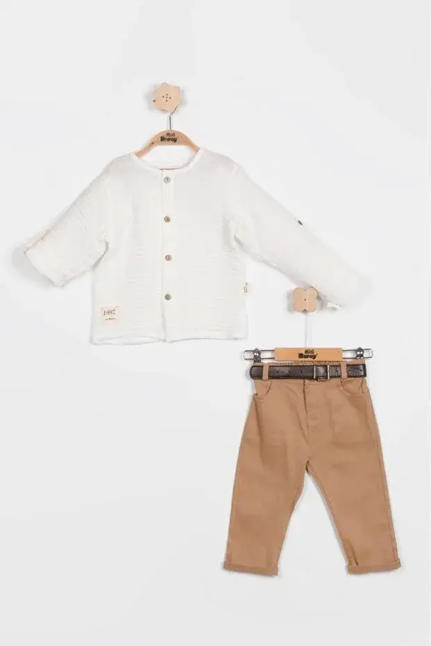 Erkek Çocuk Gabardin Pantolon & Müslin Gömlekli 2’li Pamuk Takım (9 12 18 ay) - Renkli Seri - 997-Beyaz