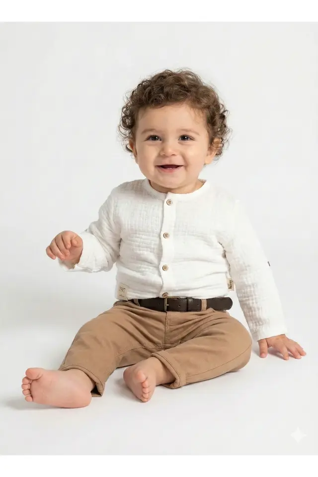 Erkek Çocuk Gabardin Pantolon & Müslin Gömlekli 2’li Pamuk Takım (9 12 18 ay) - Renkli Seri - 997-Beyaz