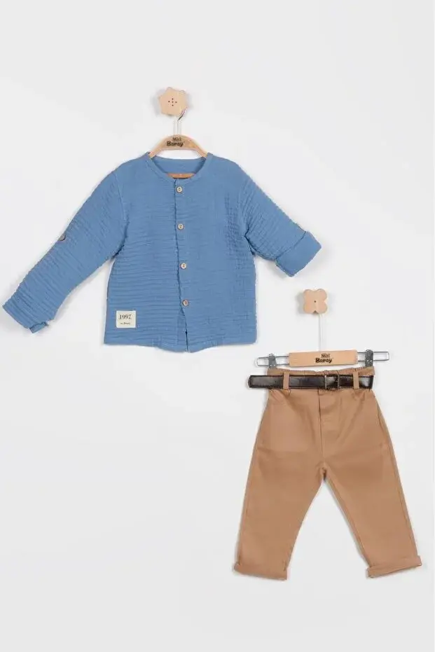 Erkek Çocuk Gabardin Pantolon & Müslin Gömlekli 2’li Pamuk Takım (9 12 18 ay) - Renkli Seri - 997-Mavi