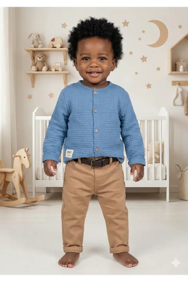 Erkek Çocuk Gabardin Pantolon & Müslin Gömlekli 2’li Pamuk Takım (9 12 18 ay) - Renkli Seri - 997-Mavi