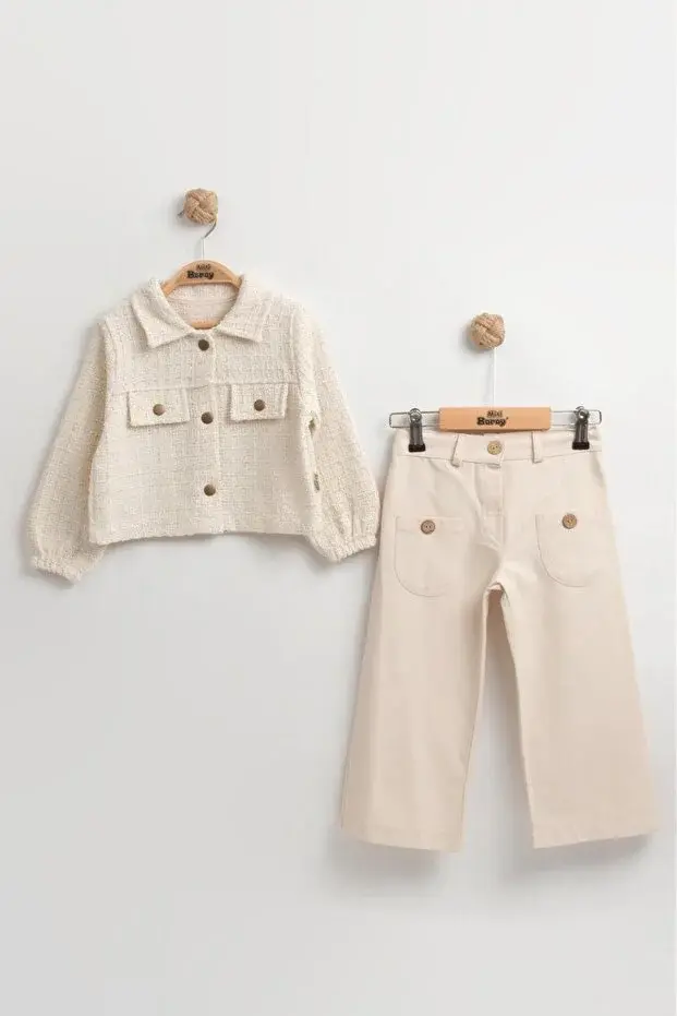 Kız Çocuk İspanyol Paça Pantolon & Ceket 2’li Takım (2-3-4-5 Yaş) - Pamuklu Seri - 1054-Beyaz