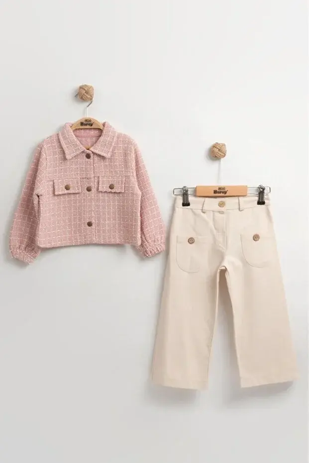 Kız Çocuk İspanyol Paça Pantolon & Ceket 2’li Takım (2-3-4-5 Yaş) - Pamuklu Seri - 1054-Pembe