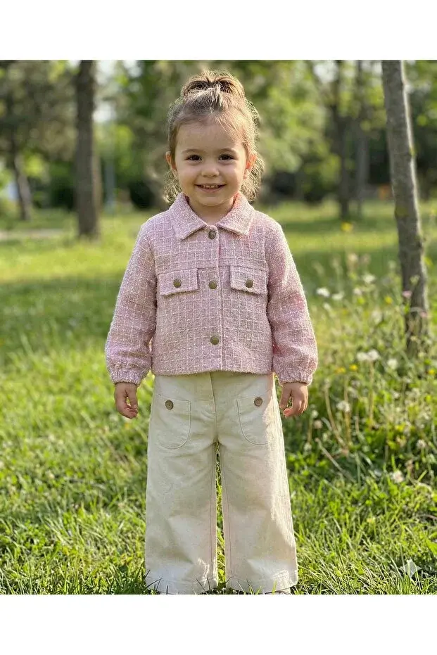 Kız Çocuk İspanyol Paça Pantolon & Ceket 2’li Takım (2-3-4-5 Yaş) - Pamuklu Seri - 1054-Pembe