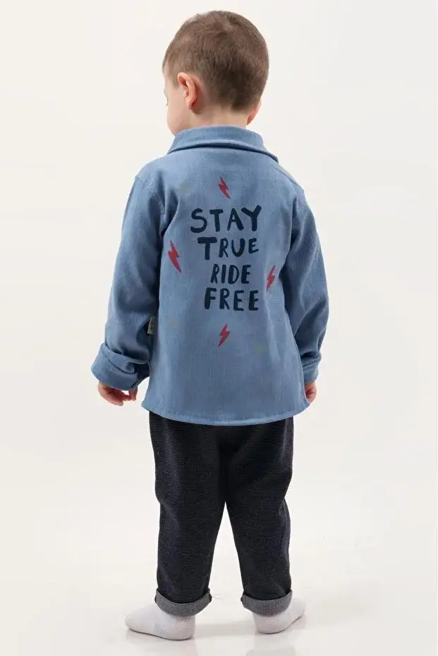 Erkek Bebek Kadife Gömlekli 3’lü Takım (9-12-18 Ay) - Pamuklu & Renk Seçenekli Seri - 1051-Mavi