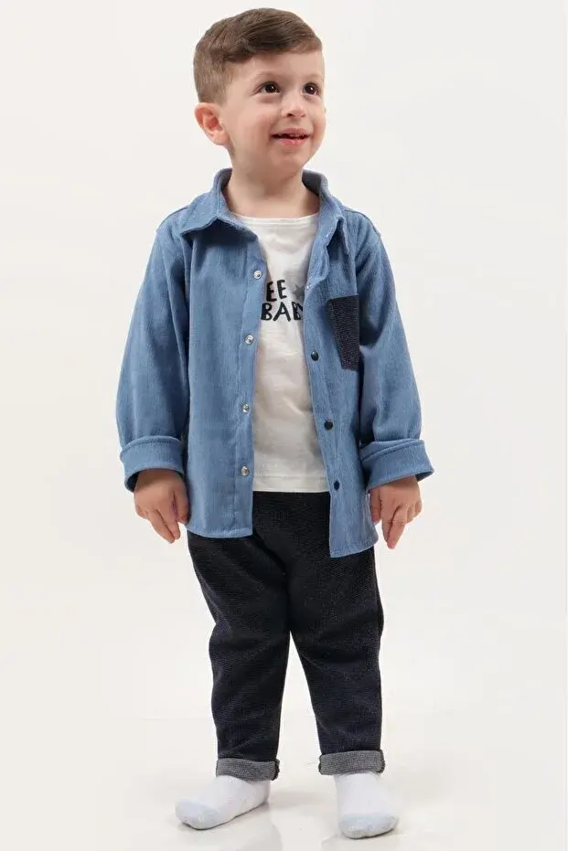 Erkek Bebek Kadife Gömlekli 3’lü Takım (9-12-18 Ay) - Pamuklu & Renk Seçenekli Seri - 1051-Mavi