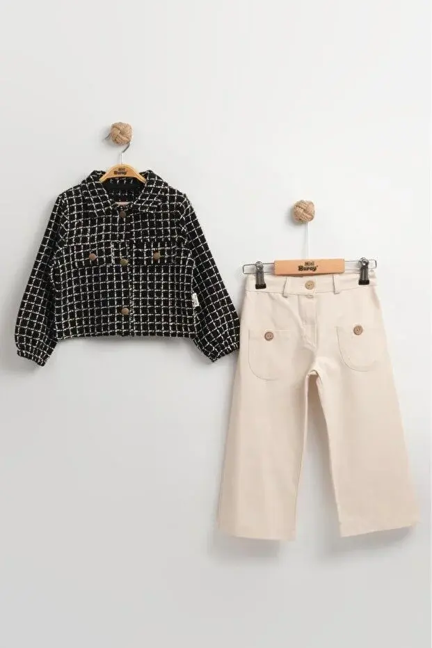 Kız Çocuk İspanyol Paça Pantolon & Ceket 2’li Takım (2-3-4-5 Yaş) - Pamuklu Seri - 1054-Siyah