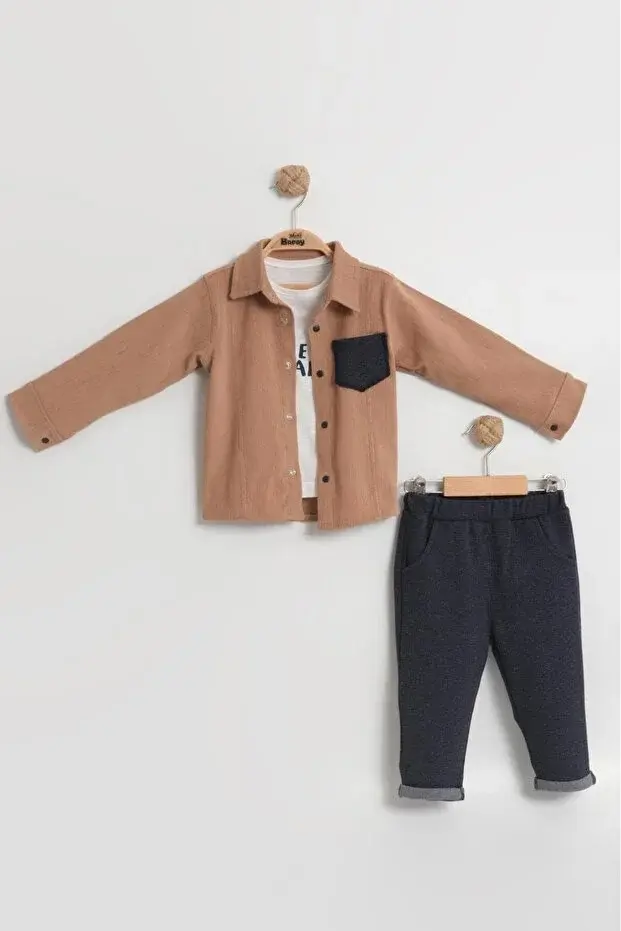 Erkek Bebek Kadife Gömlekli 3’lü Takım (9-12-18 Ay) - Pamuklu & Renk Seçenekli Seri - 1051-krem