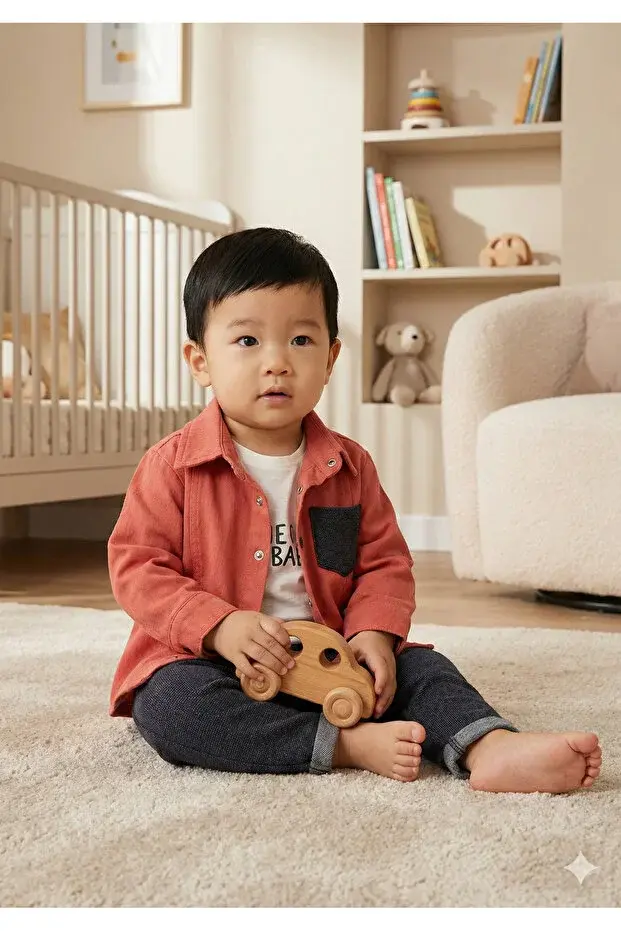 Erkek Bebek Kadife Gömlekli 3’lü Takım (9-12-18 Ay) - Pamuklu & Renk Seçenekli Seri - 1051-Turuncu