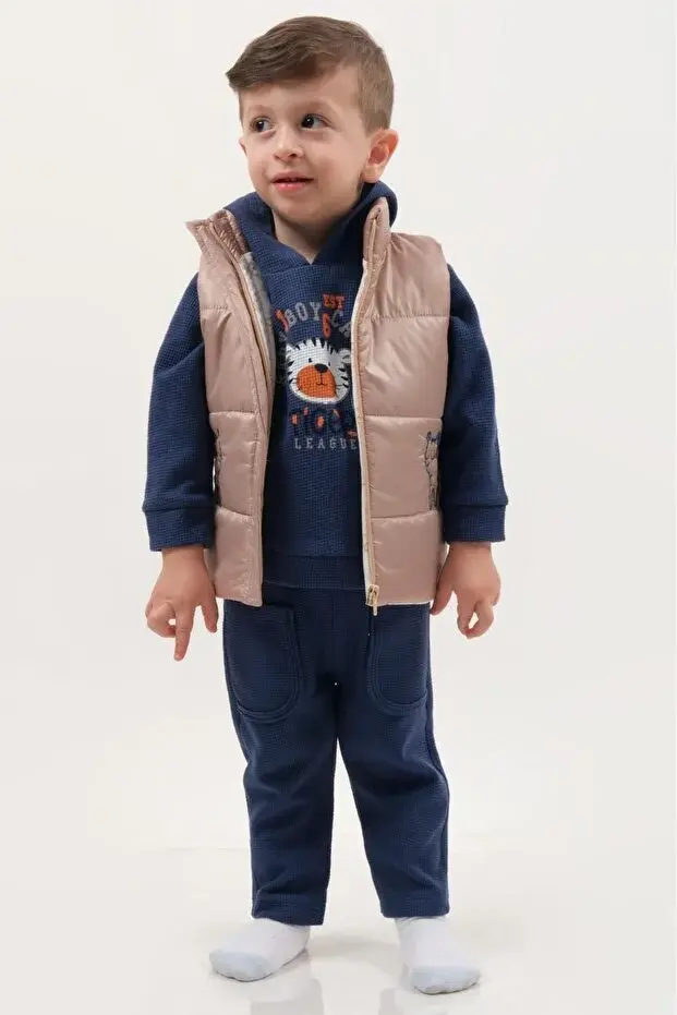 Erkek Bebek Kaplan Desenli Şişme Yelekli 3’lü Pamuk Takım (9-12-18 Ay) - Renkli Seri - 954-Krem