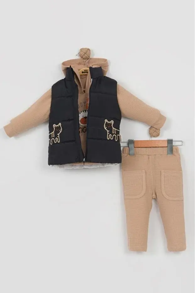 Erkek Bebek Kaplan Desenli Şişme Yelekli 3’lü Pamuk Takım (9-12-18 Ay) - Renkli Seri - 954-Siyah