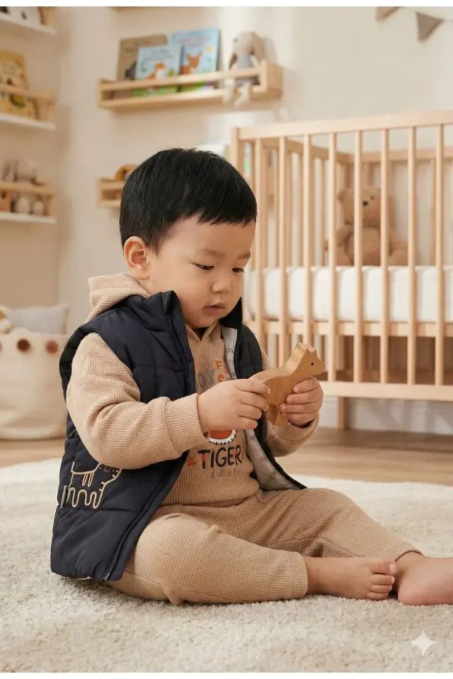 Erkek Bebek Kaplan Desenli Şişme Yelekli 3’lü Pamuk Takım (9-12-18 Ay) - Renkli Seri - 954-Siyah