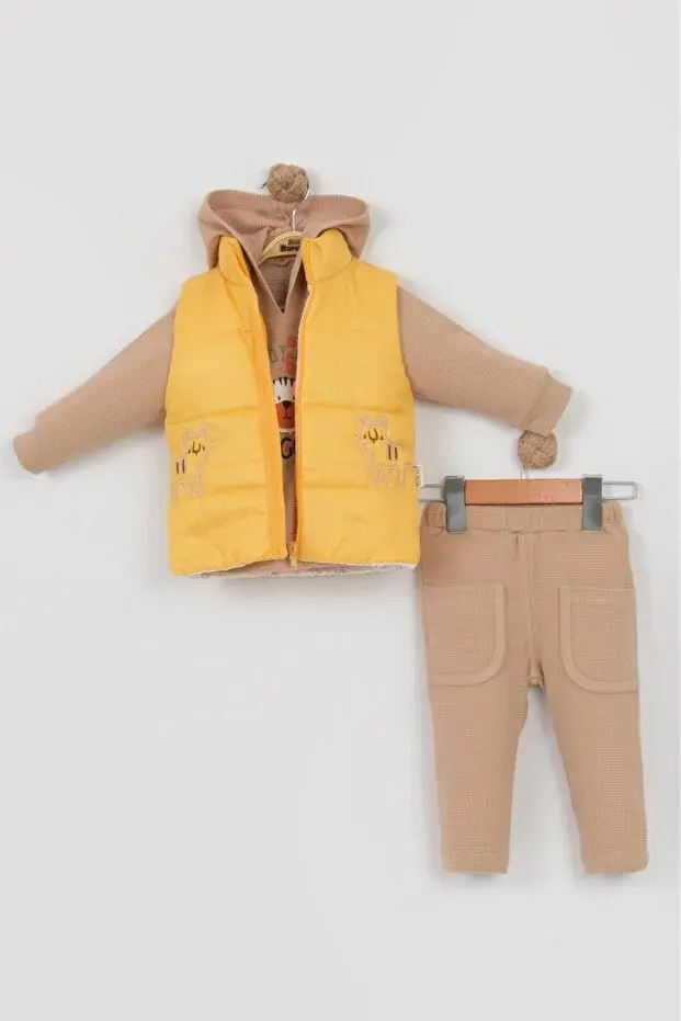 Erkek Bebek Kaplan Desenli Şişme Yelekli 3’lü Pamuk Takım (9-12-18 Ay) - Renkli Seri - 954-Sarı