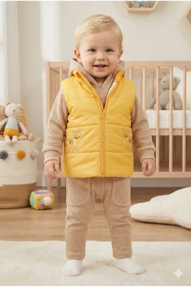 Erkek Bebek Kaplan Desenli Şişme Yelekli 3’lü Pamuk Takım (9-12-18 Ay) - Renkli Seri - 954-Sarı