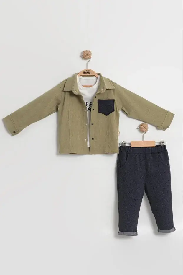 Erkek Bebek Kadife Gömlekli 3’lü Takım (9-12-18 Ay) - Pamuklu & Renk Seçenekli Seri - 1051-Yeşil