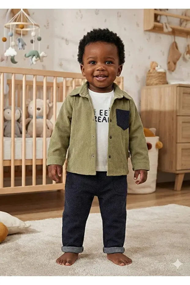 Erkek Bebek Kadife Gömlekli 3’lü Takım (9-12-18 Ay) - Pamuklu & Renk Seçenekli Seri - 1051-Yeşil