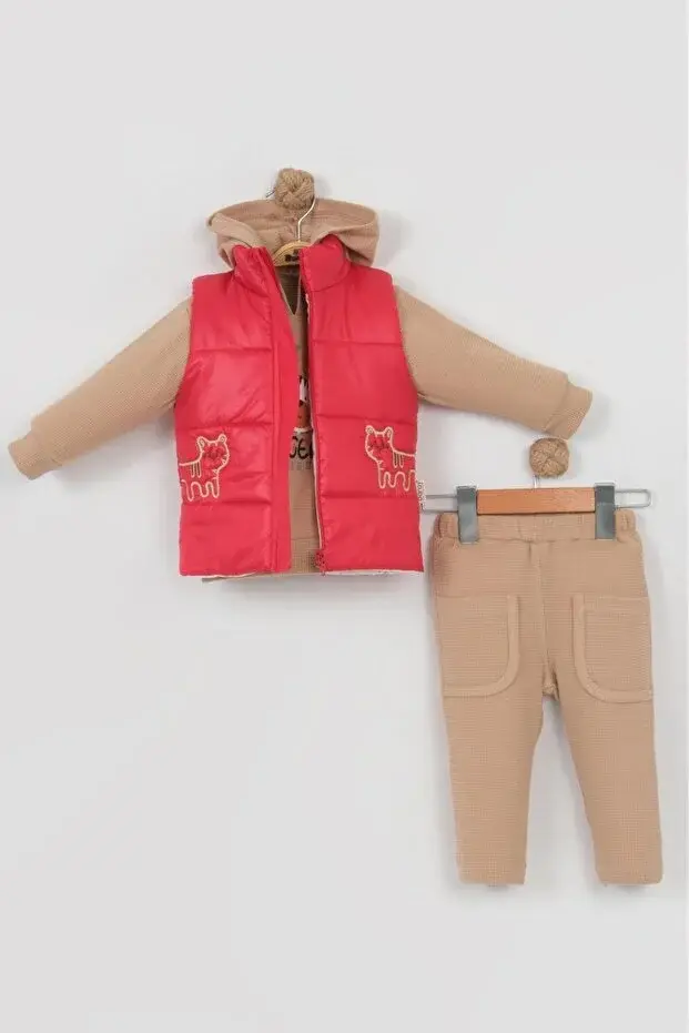 Erkek Bebek Kaplan Desenli Şişme Yelekli 3’lü Pamuk Takım (9-12-18 Ay) - Renkli Seri - 954-Kırmızı