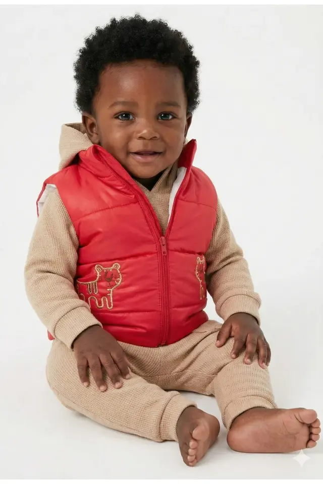 Erkek Bebek Kaplan Desenli Şişme Yelekli 3’lü Pamuk Takım (9-12-18 Ay) - Renkli Seri - 954-Kırmızı